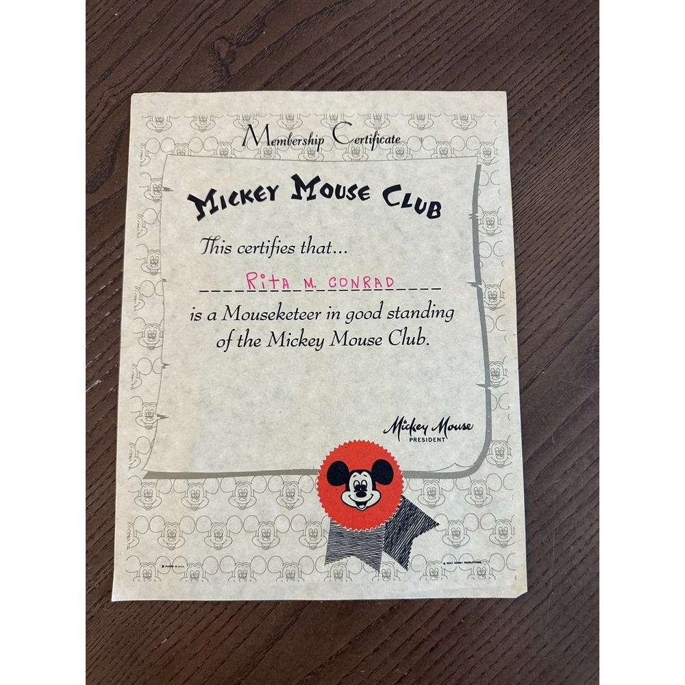 Vintage Mickey Mouse Club Mouseketeer Certificate